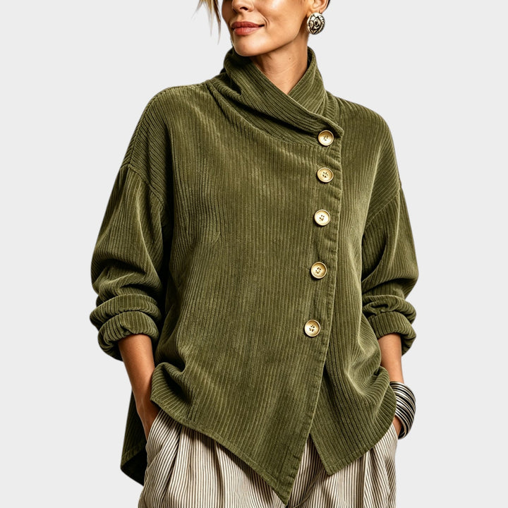 Dames Corduroy Cardigan Top Met Hoge Hals Asymmetrische Zoom