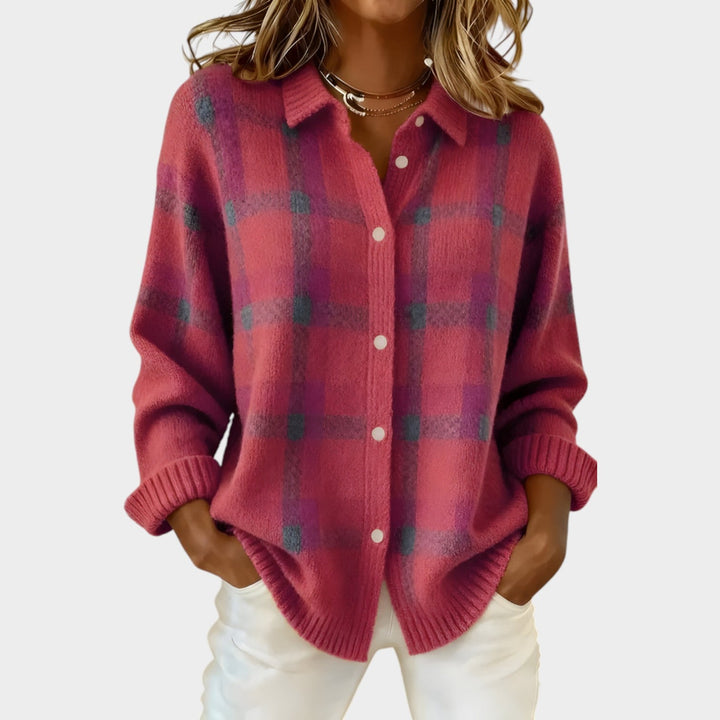 Dames Polo Brei Cardigan Geruit Met Knopen Voor