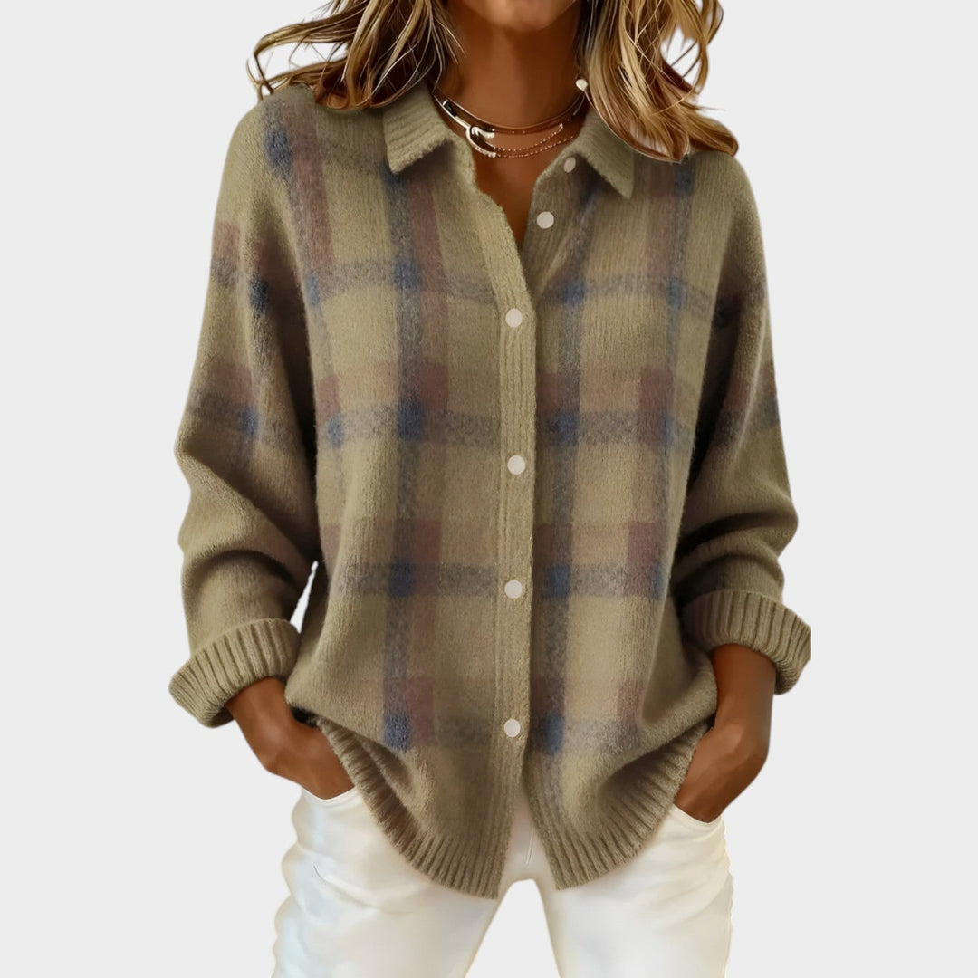 Dames Polo Brei Cardigan Geruit Met Knopen Voor
