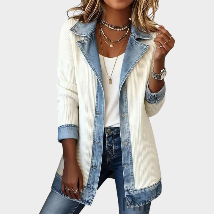 Dames Gebreide Cardigan Met Knopen Voorzijde Denim Geribbeld