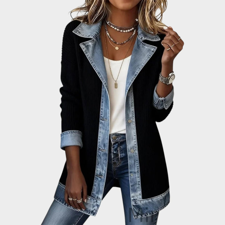 Dames Gebreide Cardigan Met Knopen Voorzijde Denim Geribbeld