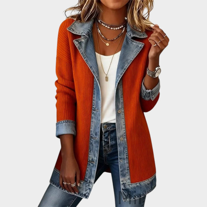 Dames Gebreide Cardigan Met Knopen Voorzijde Denim Geribbeld