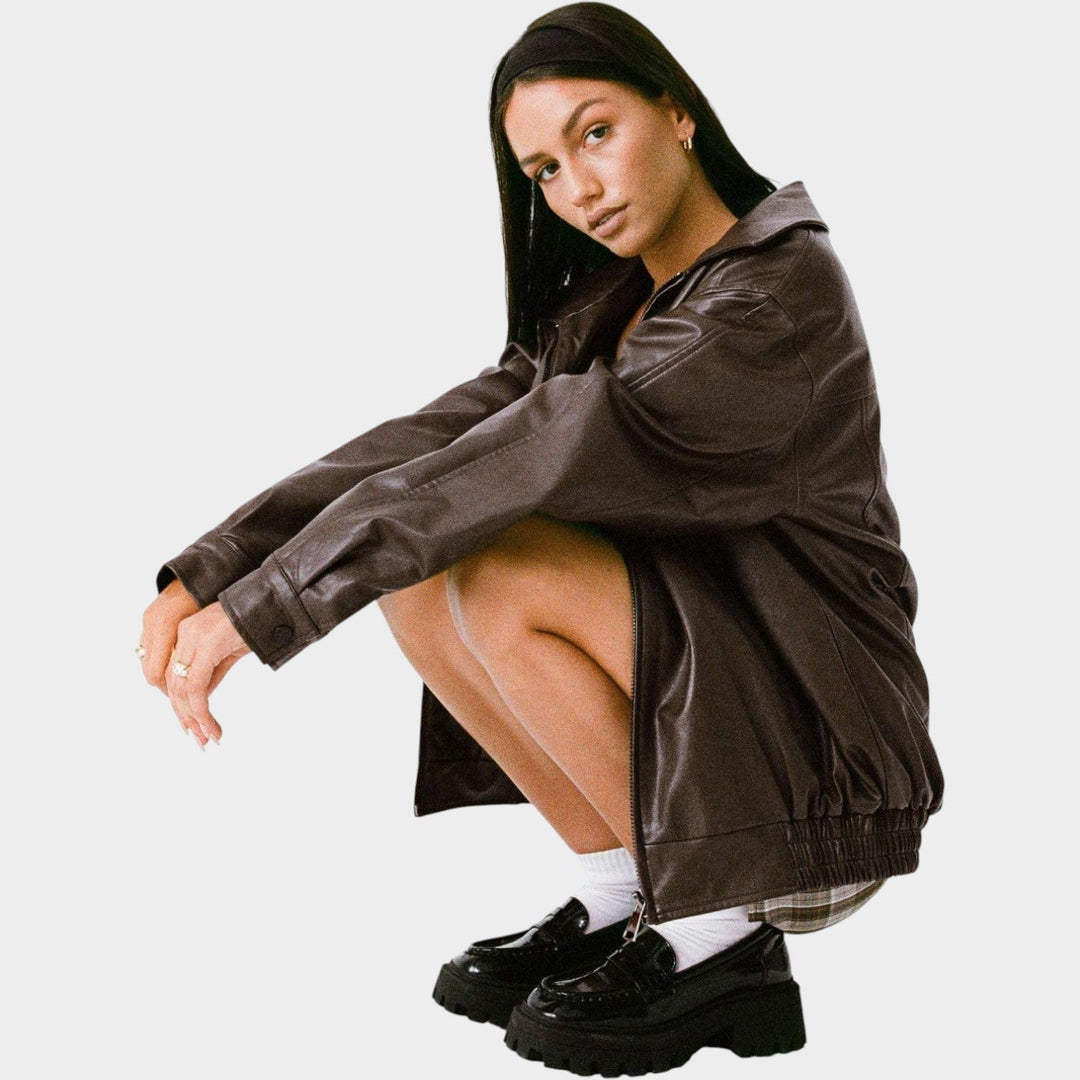Dames Leren Bomberjack Oversized Met Rits