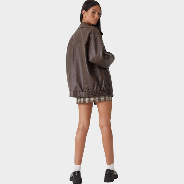 Dames Leren Bomberjack Oversized Met Rits